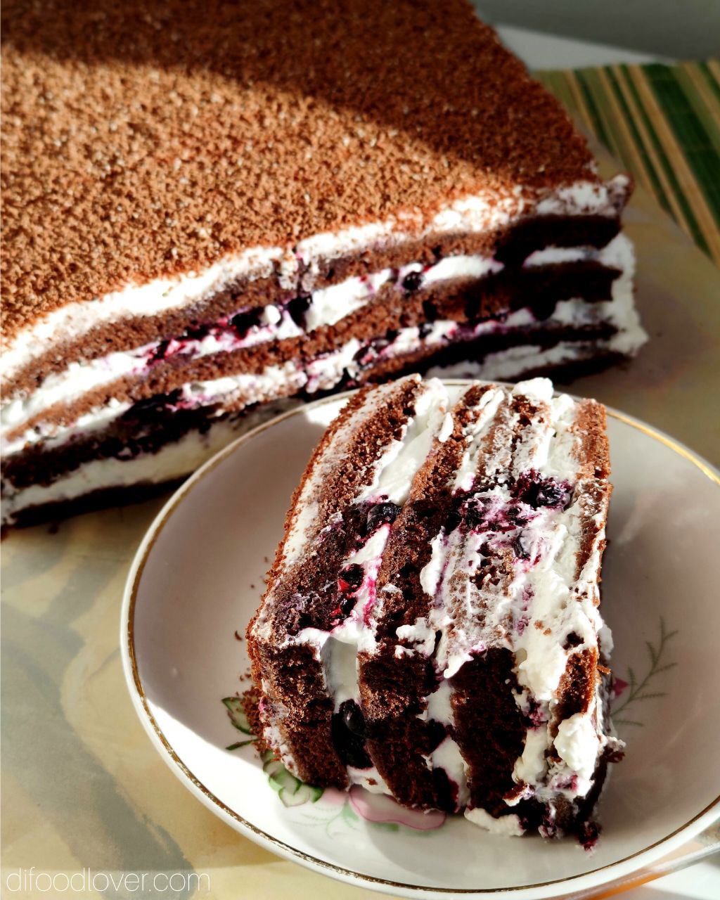 Шоколадный торт со сливками и черничным конфи